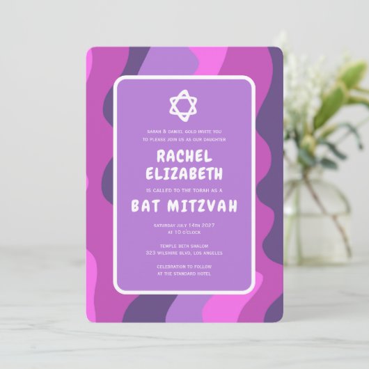 Groovy Paarse golven Star David Custom Bat Mitzvah Kaart (Staand voorkant)