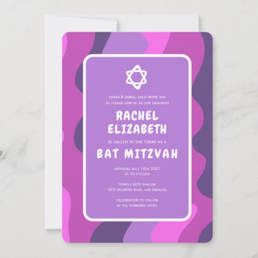 Groovy Paarse golven Star David Custom Bat Mitzvah Kaart (Voorkant)