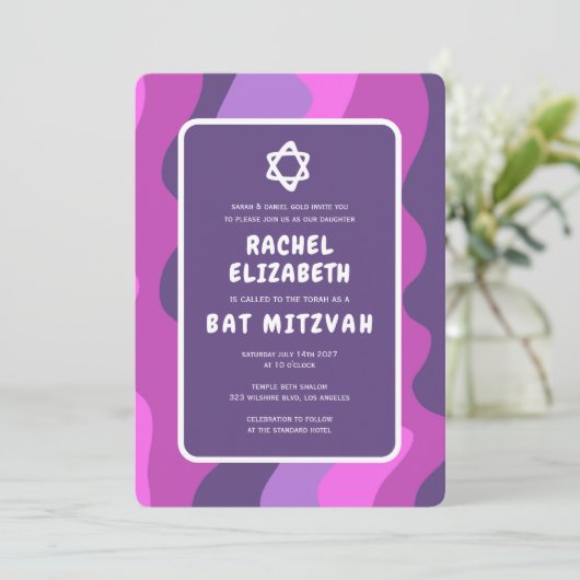 Groovy Paarse golven Star David Custom Bat Mitzvah Kaart (Staand voorkant)