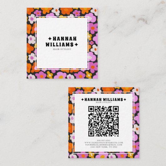 Groovy Paarse Roze QR Code Bloemen Haar Stylist Vierkante Visitekaartje (Voorkant / Achterkant)