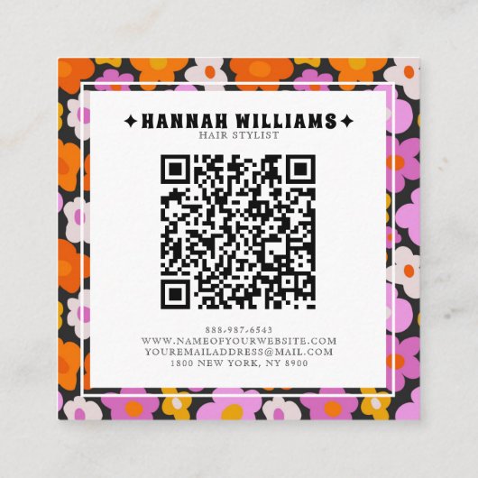 Groovy Paarse Roze QR Code Bloemen Haar Stylist Vierkante Visitekaartje (Achterkant)