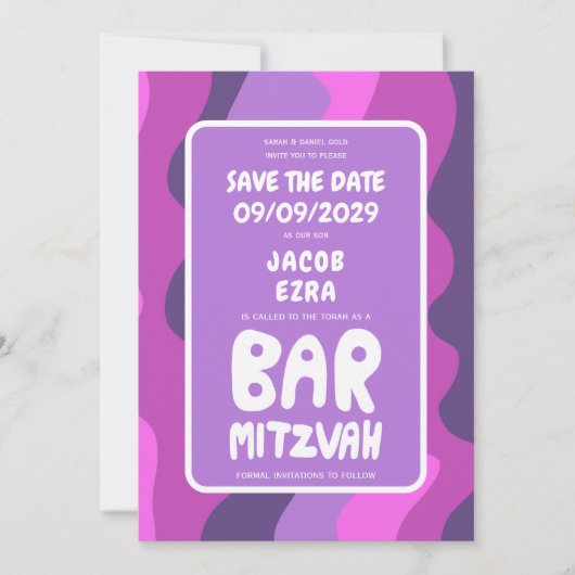 Groovy Paarse Waves Custom Bat Bar Bnai Mitzvah Save The Date (Voorkant)