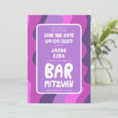 Groovy Paarse Waves Custom Bat Bar Bnai Mitzvah Save The Date (Staand voorkant)