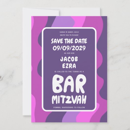 Groovy Paarse Waves Custom Bat Bar Bnai Mitzvah Save The Date (Voorkant)