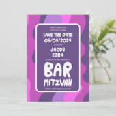 Groovy Paarse Waves Custom Bat Bar Bnai Mitzvah Save The Date (Staand voorkant)