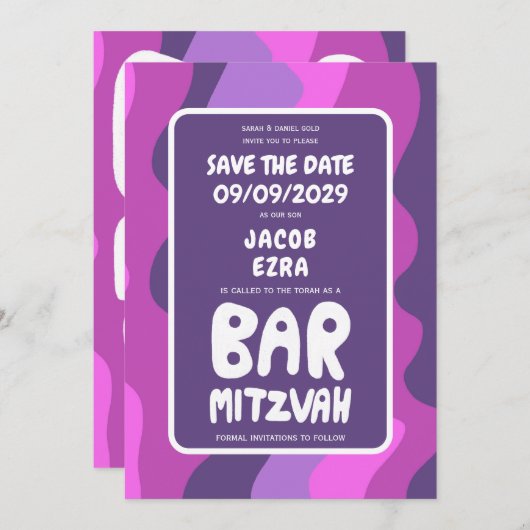 Groovy Paarse Waves Custom Bat Bar Bnai Mitzvah Save The Date (Voorkant / Achterkant)