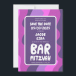 Groovy Paarse Waves Custom Bat Bar Bnai Mitzvah Save The Date<br><div class="desc">Perfecte kaart om een bar of bat mitswa of andere Joodse viering aan te kondigen en gasten te vragen om de datum te bewaren! Handgemaakte kunst voor u met handlettering aan de voor- en achterkant! (check shop of DM voor BAR/BAT mogelijkheden) VOLLEDIG ! Klik hierboven op "Personaliseren" om de tekst...</div>