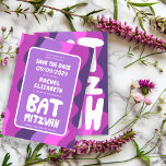 Groovy Paarse Waves Custom Bat Bar Bnai Mitzvah Save The Date<br><div class="desc">Perfecte kaart om een bar of bat mitswa of andere Joodse viering aan te kondigen en gasten te vragen om de datum te bewaren! Handgemaakte kunst voor u met handlettering aan de voor- en achterkant! (check shop of DM voor BAR/BAT mogelijkheden) VOLLEDIG ! Klik hierboven op "Personaliseren" om de tekst...</div>