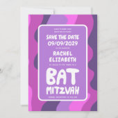 Groovy Paarse Waves Custom Bat Bar Bnai Mitzvah Save The Date (Voorkant)