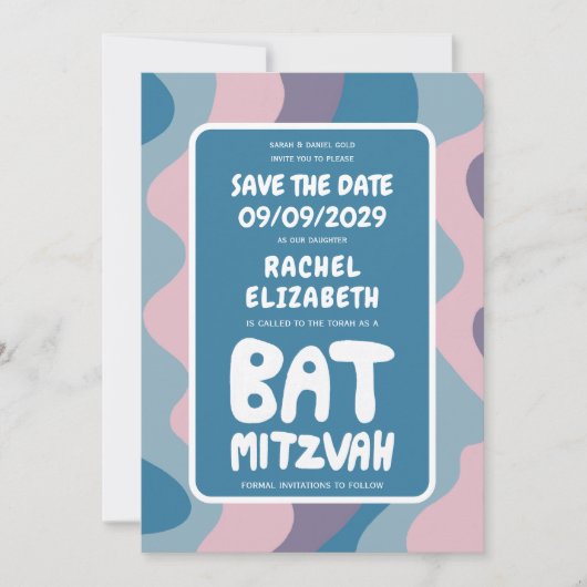 Groovy Paarse Waves Custom Bat Bar Bnai Mitzvah Save The Date (Voorkant)