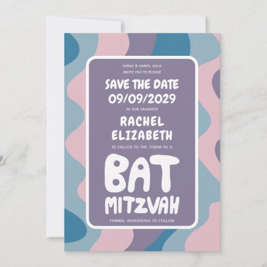 Groovy Paarse Waves Custom Bat Bar Bnai Mitzvah Save The Date (Voorkant)