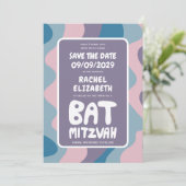 Groovy Paarse Waves Custom Bat Bar Bnai Mitzvah Save The Date (Staand voorkant)