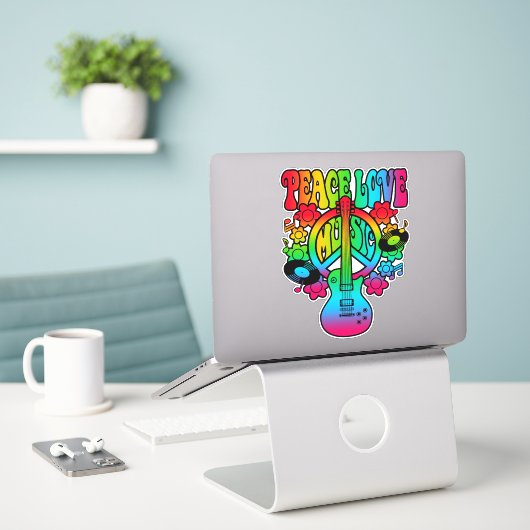 Groovy Peace Love Music Sticker (Laptop op bureau)