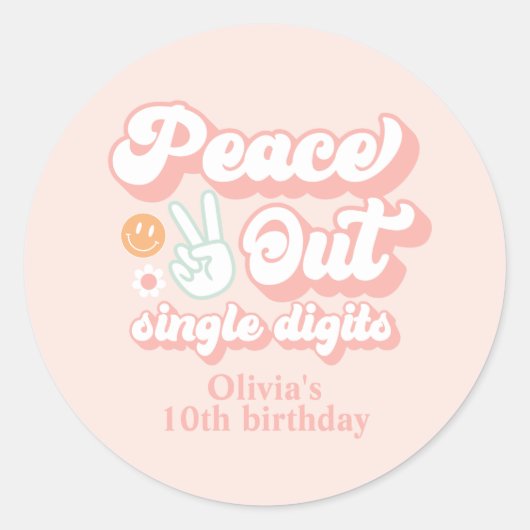 Groovy Peace Out Eén Cijfer 10e Verjaardag Ronde Sticker (Voorkant)