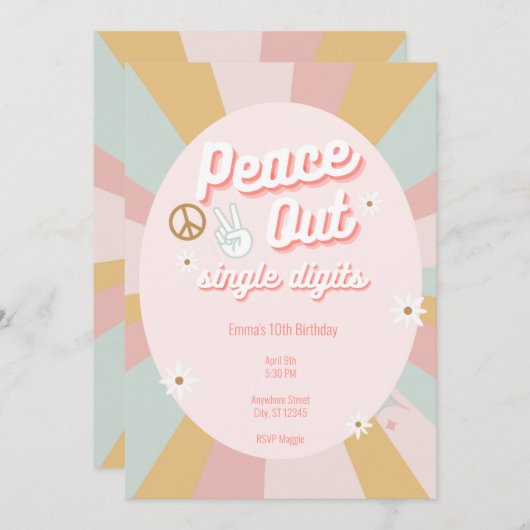 Groovy Peace Out Retro Eencijferige 10e Verjaardag Kaart (Voorkant / Achterkant)
