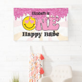 Groovy Peach Pink One Happy Babe Verjaardagsbanner Spandoek (Insitu)