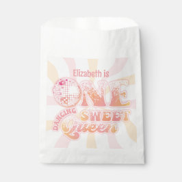 Groovy Peach Roze disco Danskoningin 1e Verjaardag Bedankzakje