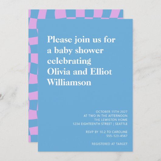 Groovy Periwinkle Checkerboard Baby shower Kaart (Voorkant / Achterkant)