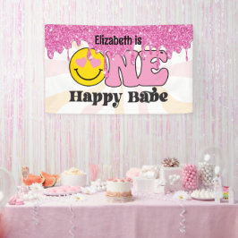 Groovy Perzik Roze Eén Gelukkig Baby Verjaardag Ba Spandoek