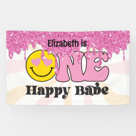 Groovy Perzik Roze One Happy Babe Verjaardagsbanne Spandoek