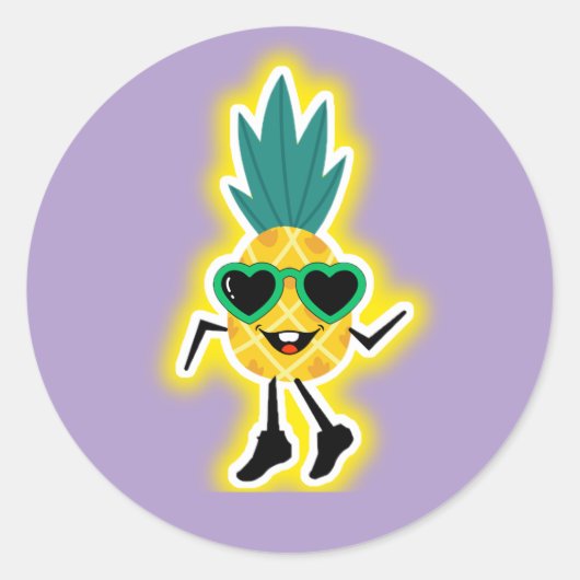 Groovy Pineapple Vibes – Cool Fruit Cartoon Ronde Sticker (Voorkant)