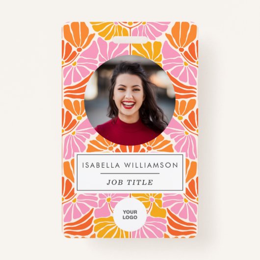 Groovy Pink Boho Floral Unique Employee Photo ID Badge (Voorkant)