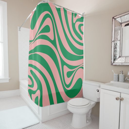 Groovy Pink en Green Retro Swirls Douchegordijn (In situ)