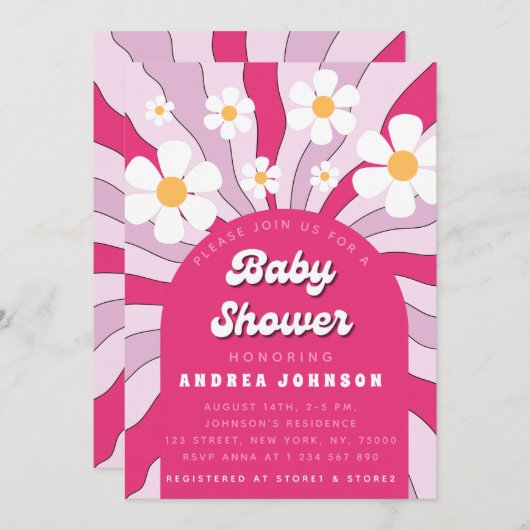 Groovy Pink Hippie Retro Daisy 70s Baby shower Kaart (Voorkant / Achterkant)