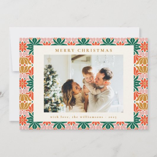 Groovy Pink Red Green Boho Floral 2 foto Feestdagenkaart (Voorkant)