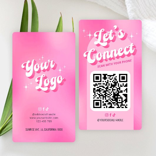 Groovy Pink Trendy Let's Connect Socials QR Code Visitekaartje