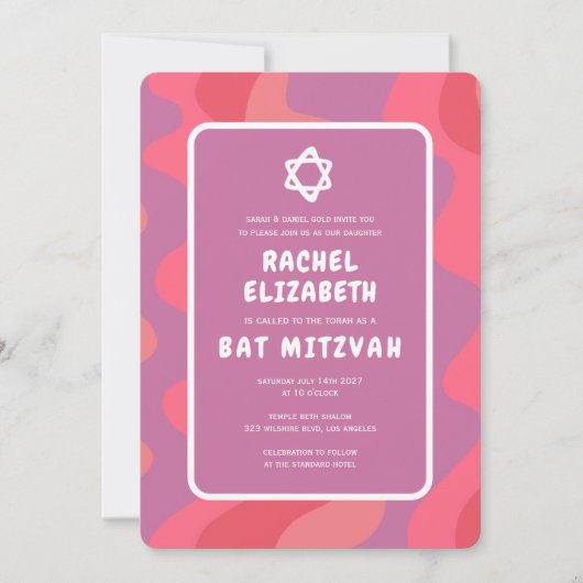 Groovy Pink Waves Star of David Custom Bat Mitzvah Kaart (Voorkant)