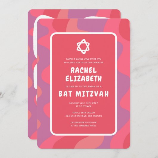 Groovy Pink Waves Star of David Custom Bat Mitzvah Kaart (Voorkant / Achterkant)
