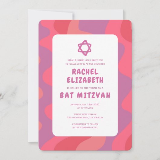 Groovy Pink Waves Star of David Custom Bat Mitzvah Kaart (Voorkant)