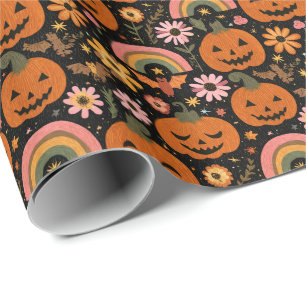Groovy Pompoen en Regenboog Halloween Bloemen Cadeaupapier
