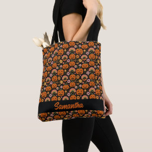 Groovy Pompoen en Regenboog Halloween Bloemen Tote Bag