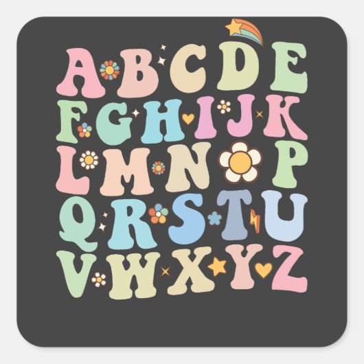 Groovy Pre K Kleuterschool Alphabet ABC Retro Vierkante Sticker (Voorkant)