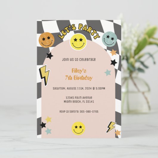 Groovy Preppy Y2K Happy Face Retro Verjaardag Kaart (Staand voorkant)