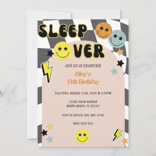 Groovy Preppy Y2K Happy Face Sleep Over Verjaardag Kaart (Voorkant)