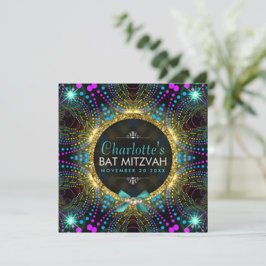 Groovy Princess Mint Pink Blacklight Bat Mitzvah Kaart (Staand voorkant)