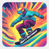 Groovy Psychedelic Teen Snowboarder Verjaardag Vierkante Sticker (Voorkant)