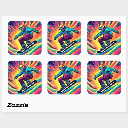 Groovy Psychedelic Teen Snowboarder Verjaardag Vierkante Sticker (Vel)