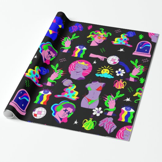 Groovy psychedelische Medusa disco zwart Cadeaupapier (Uitgerold)