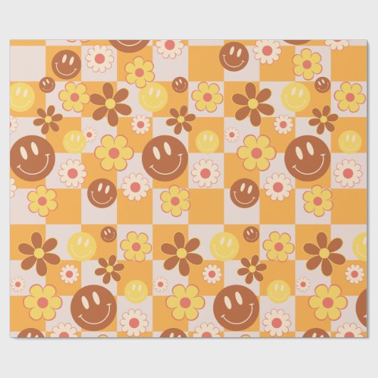 Groovy psychedelische Retro Smiley Checkerboard, Cadeaupapier (Vlak)