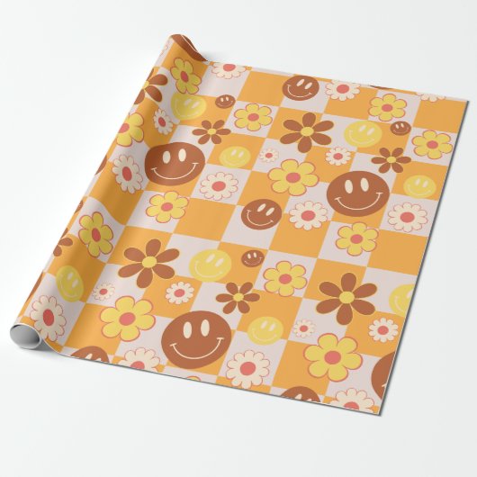 Groovy psychedelische Retro Smiley Checkerboard, Cadeaupapier (Uitgerold)