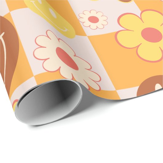 Groovy psychedelische Retro Smiley Checkerboard, Cadeaupapier (Rol Hoek)