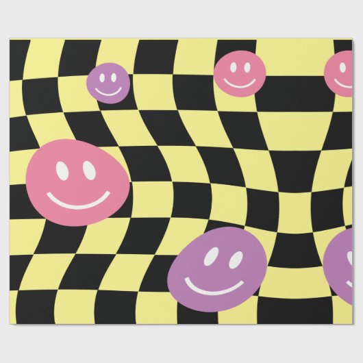 Groovy psychedelische Retro Smiley Checkerboard, Cadeaupapier (Vlak)