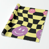 Groovy psychedelische Retro Smiley Checkerboard, Cadeaupapier (Uitgerold)