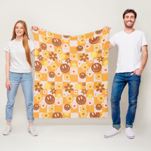 Groovy psychedelische Retro Smiley Checkerboard, Fleece Deken