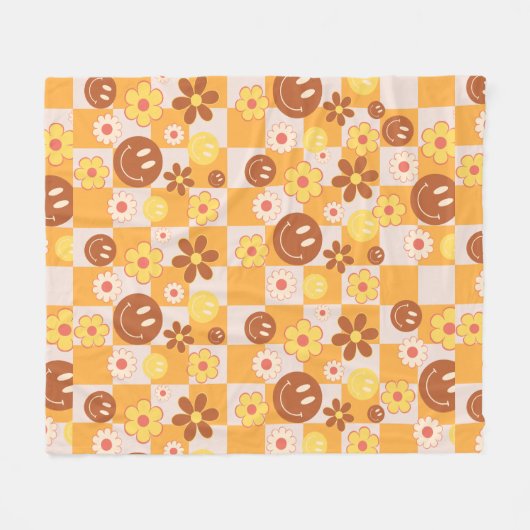 Groovy psychedelische Retro Smiley Checkerboard, Fleece Deken (Voorkant (Horizontaal))