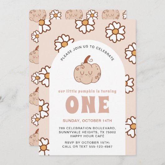 Groovy Pumpkin Daisies Retro Boho Eerste Verjaarda Kaart (Voorkant / Achterkant)